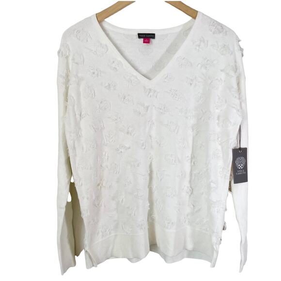 Vince Camuto Women's Polka Dot Fringe V-Neck Long Sleeve Sweater Small Flaw - Picture 1 of 8
